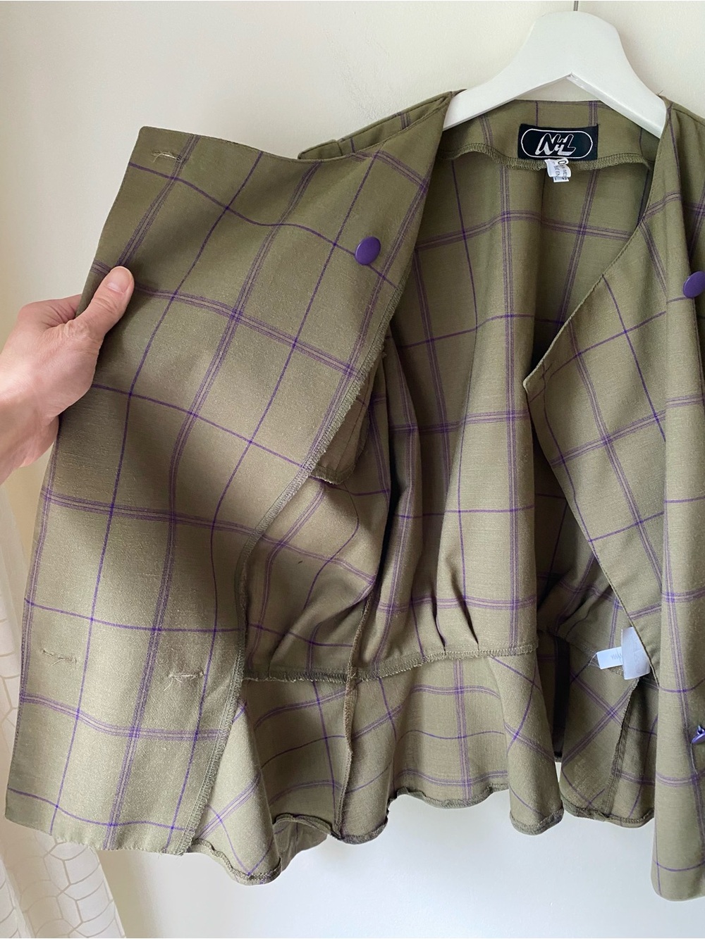 Wool blend Moss green with purple check peplum blazer - Picture 12 of 16